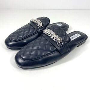 Steve Madden Kalista Black Quilted Leather Chain Rhinestone Mules Slides 9.5